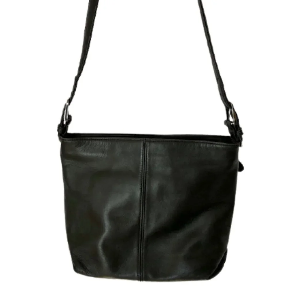 SAS Black Leather Shoulder Bag w/ Pockets - Made in the US